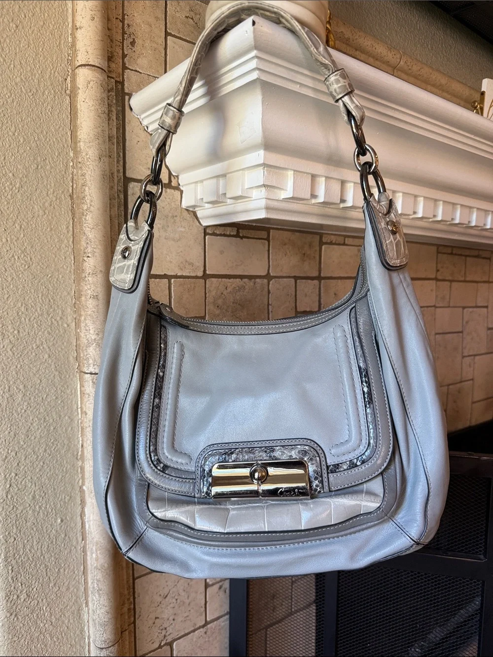 Y2K Coach Kristin Spectator Leather Hobo Bag - Grey, Python Snakeskin Trim